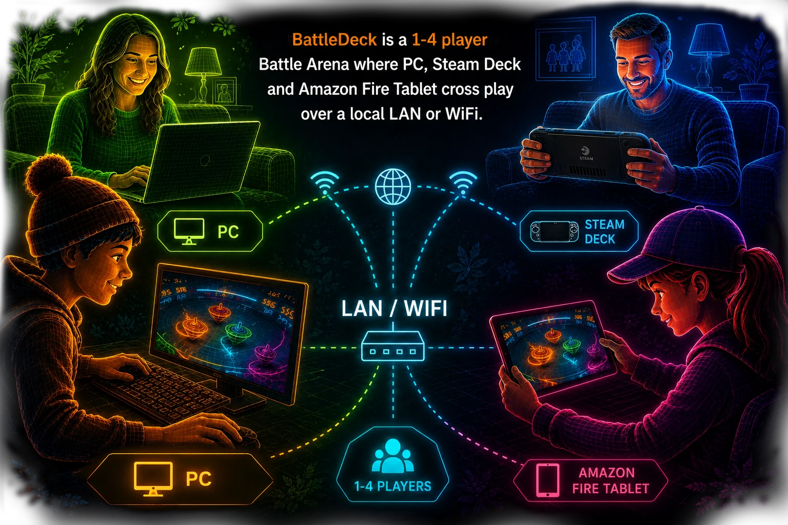Cross play diagram: a family enjoying BattleDeck together, PC and Amazon Fire Tablet connected over a LAN for 1 to 4 players