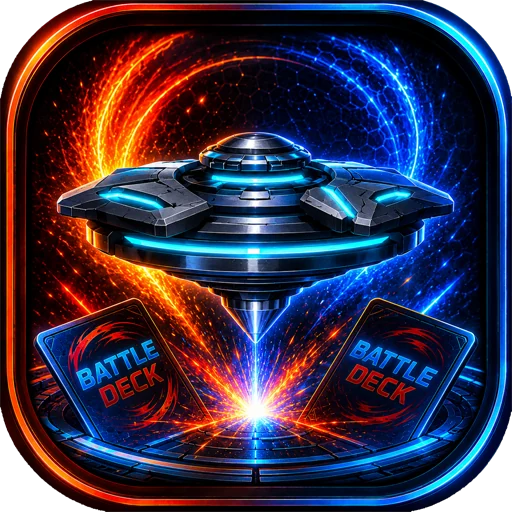 BattleDeck icon art: a battle spinner hovering above two BattleDeck power cards